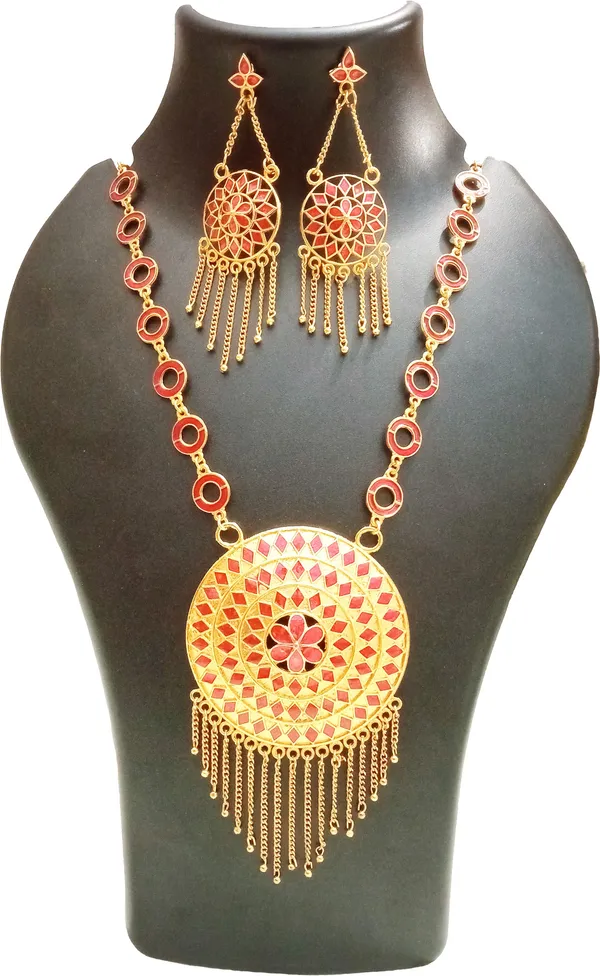Assamese_Traditional_Gold_Plated_Red_Meenakari_Chain_Jewellery_Set_For_Women